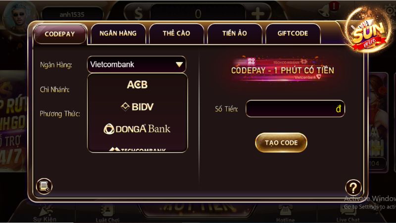 Có nhiều lỗi khác nhau khi thực hiện giao dịch nạp tiền Sunwin